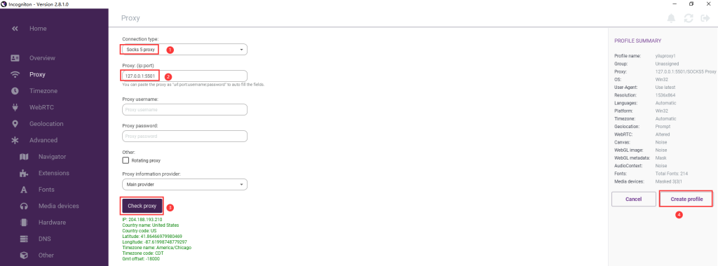 socks5 proxy setting in Incogniton