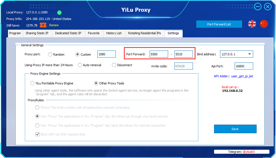 yiluproxy port range from 5500-5510