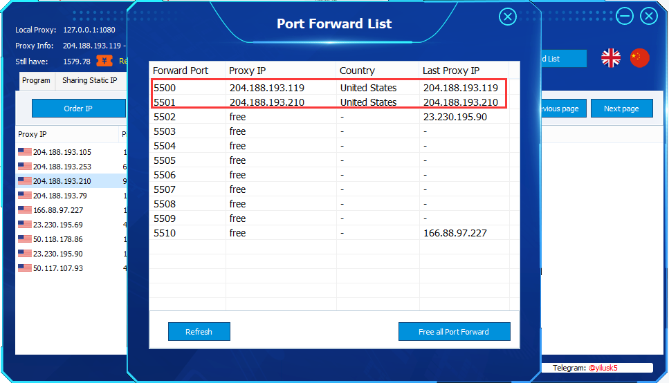 Port forward list in yiluproxy

