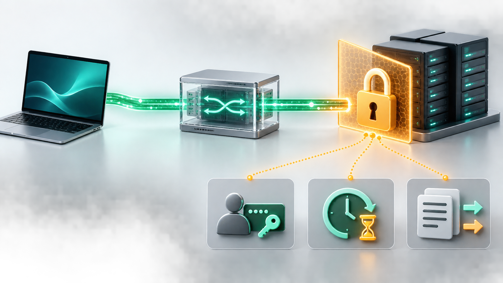Client proxy and target server path showing a locked authentication boundary with credential session and request header checks
