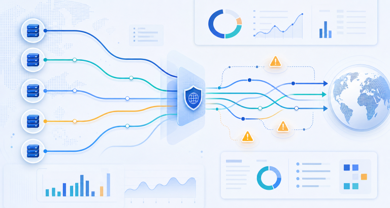 Abstract network traffic dashboard showing rate-limit signals and rotating proxy paths without text