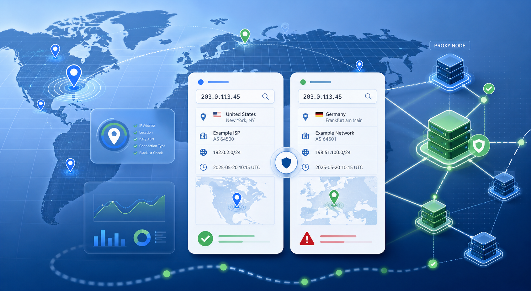 Abstract map pins and network nodes representing proxy geolocation validation across lookup databases