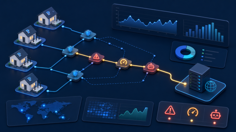 Troubleshooting dashboard showing residential proxy block signals, rate limits, and sticky session checks