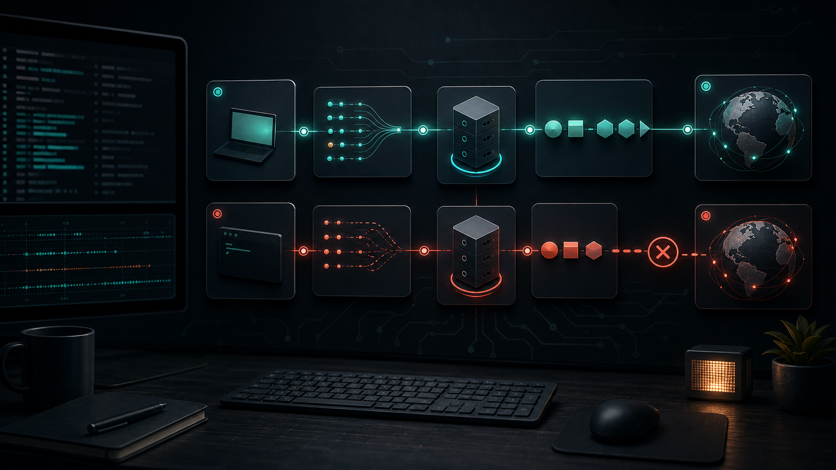 Dark technical workspace illustrating a SOCKS5 network path that succeeds in cURL and fails in a Python client during troubleshooting