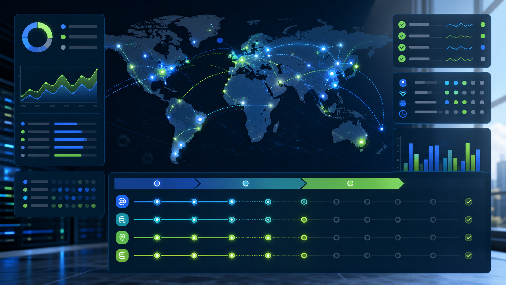 Geo-targeted proxy rollout dashboard with regional testing routes and checklist panels