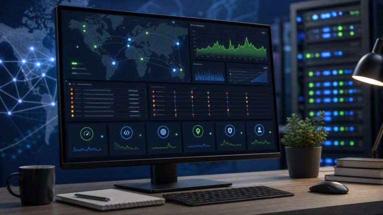 Proxy operations dashboard showing error logs, latency, status codes, DNS checks, location checks, and session stability signals